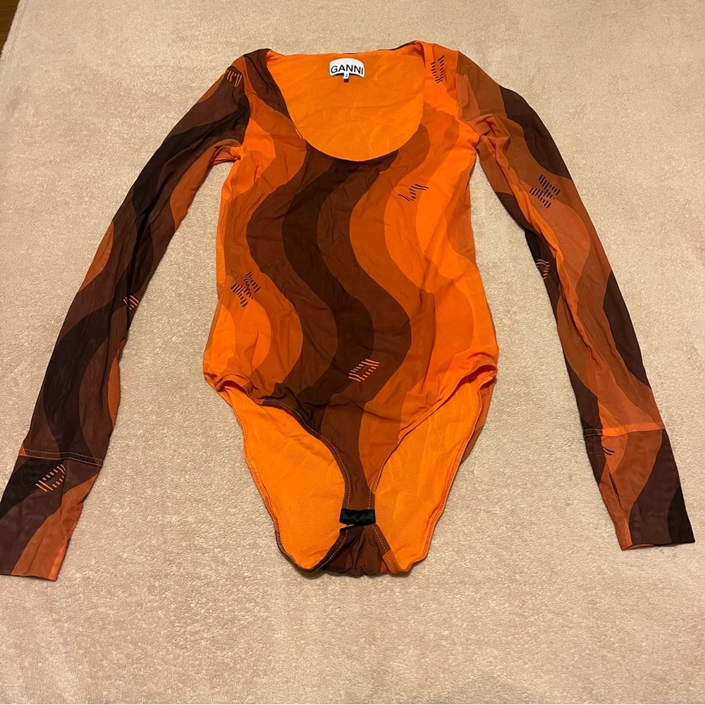 Ganni mesh orange brown scoop neck wave Pattern Bodysuit